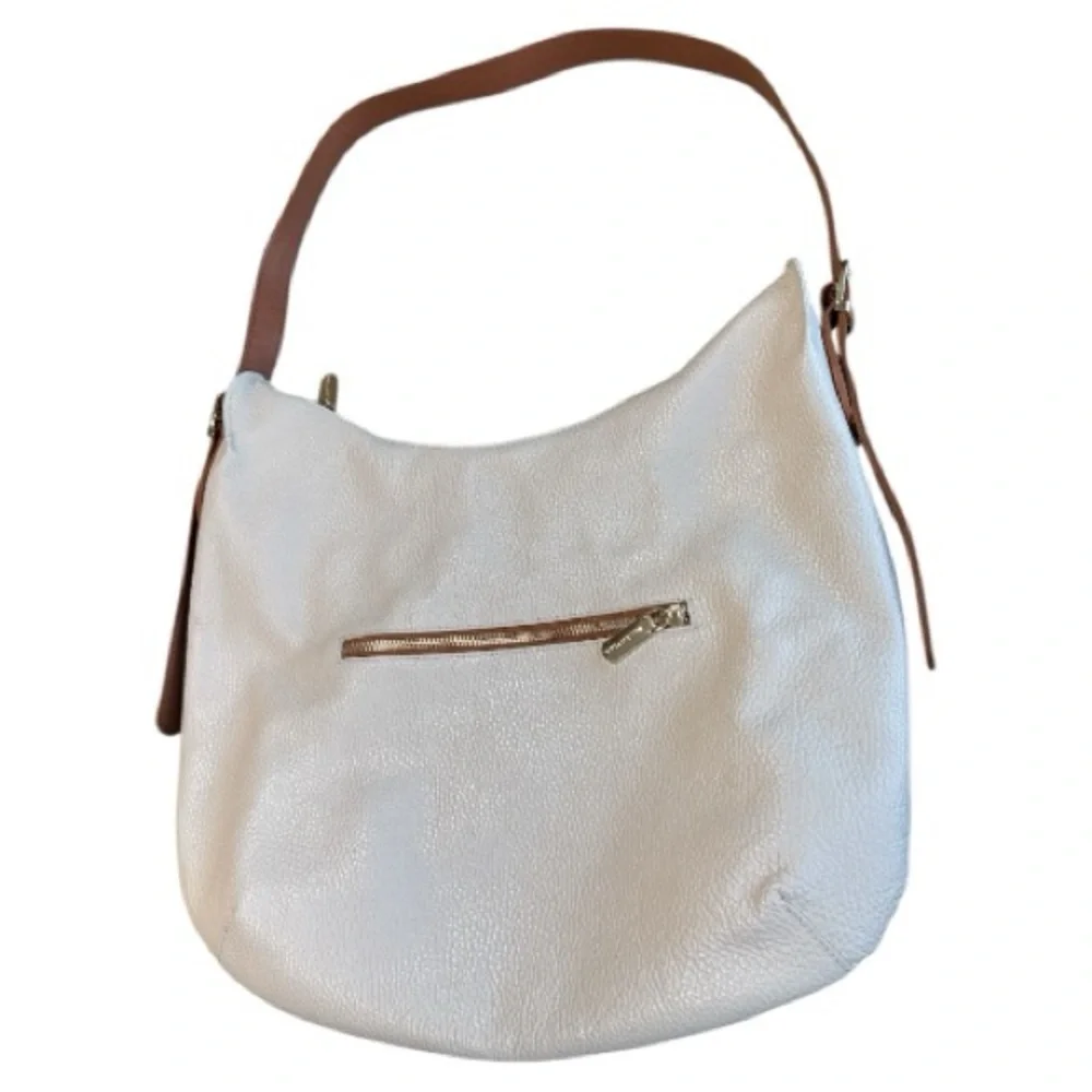 Valentina Italian Pebbled Leather Cream White Hobo Shoulder Bag Adjustable Strap